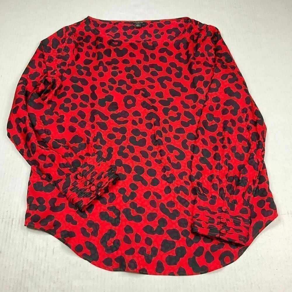Ann Taylor Blouse Edgy Leopard Print Shirt Long Sleeve Relaxed Fit Flowy Top SP
